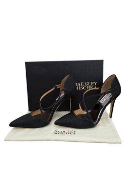 Badgley Mischka Shiny Black Sparkle Pointy Toe Strappy Heels 7.5 New